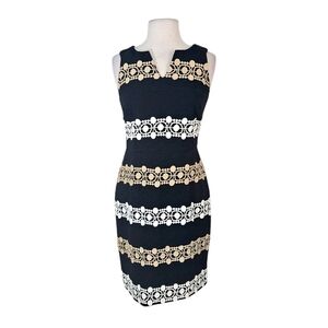 Katherine Kelly Black Sheath Dress With Wjite & Tan Striped Lace